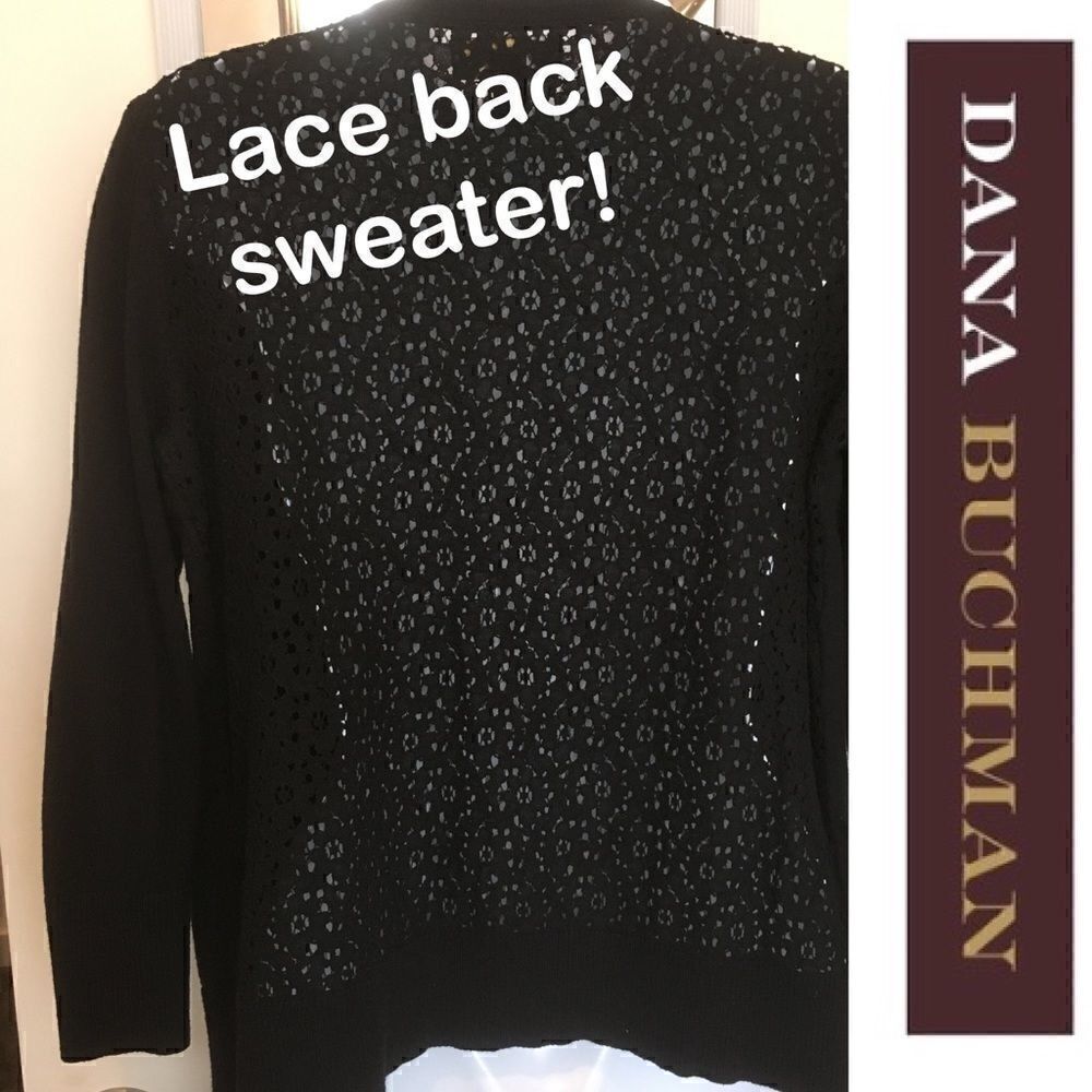 Dana Buchman 3/4 sleeve button front sweater w/ open floral crochet back size S